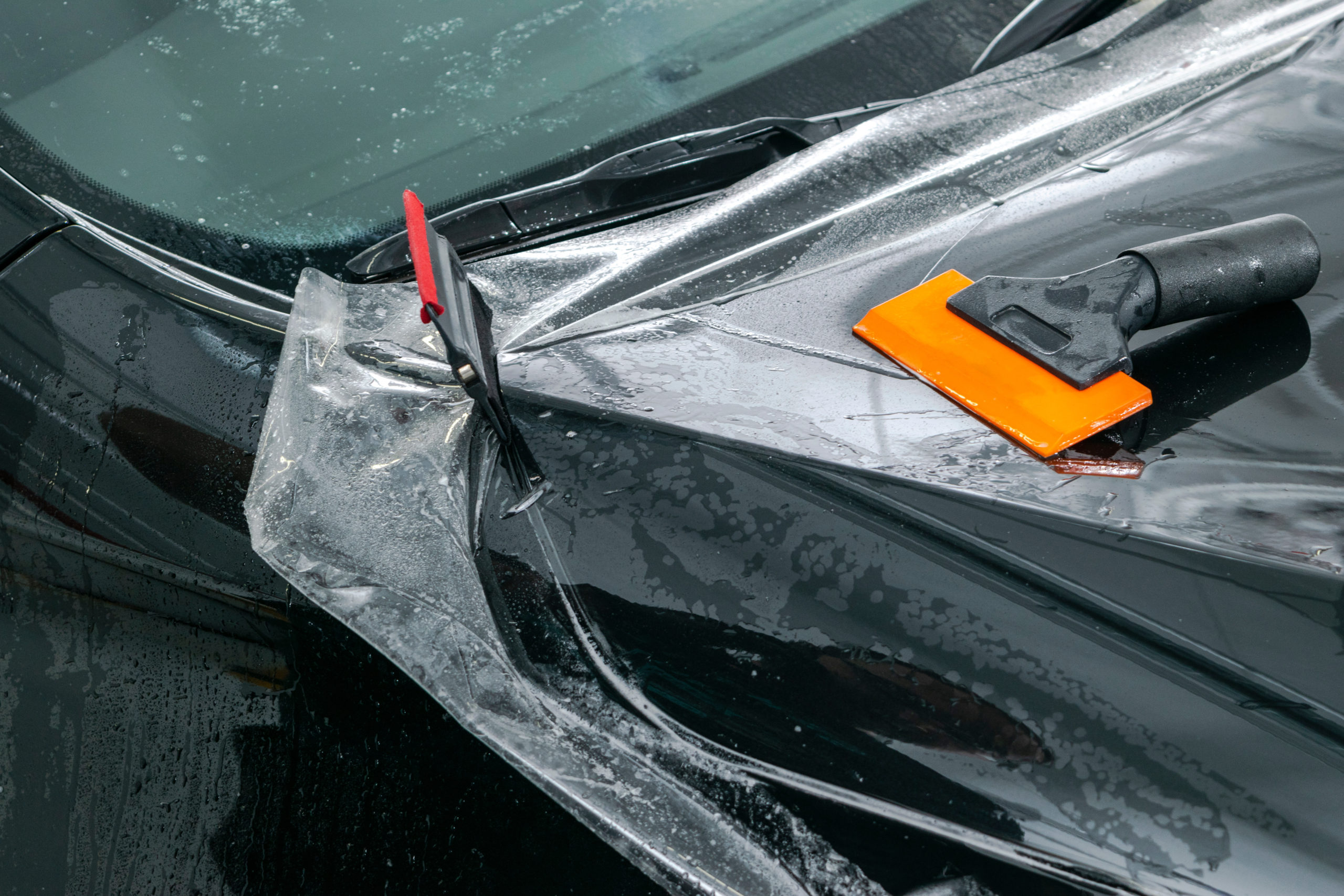 paint protection film installation on car hood